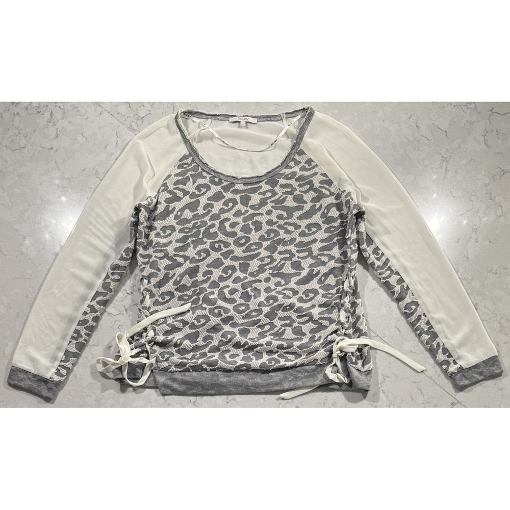 Miss Me Womens Gray White Cheetah Print Sheer Sleeve Side Tie Top MDT1062L L